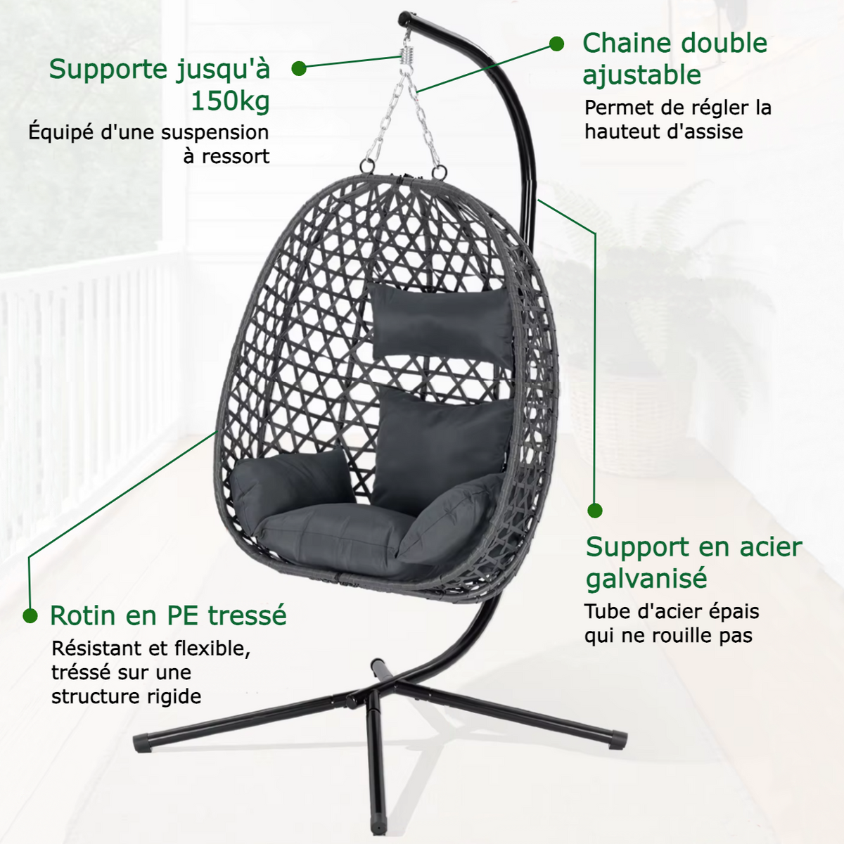 Fauteuil suspendu tréssé - sur pied | Dana