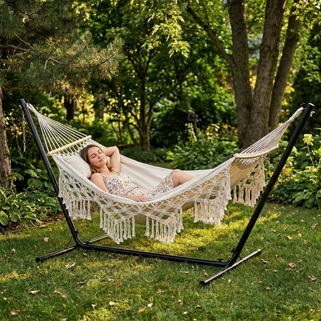 Hamac suspendu beige en macramé 2 personnes | Bohème